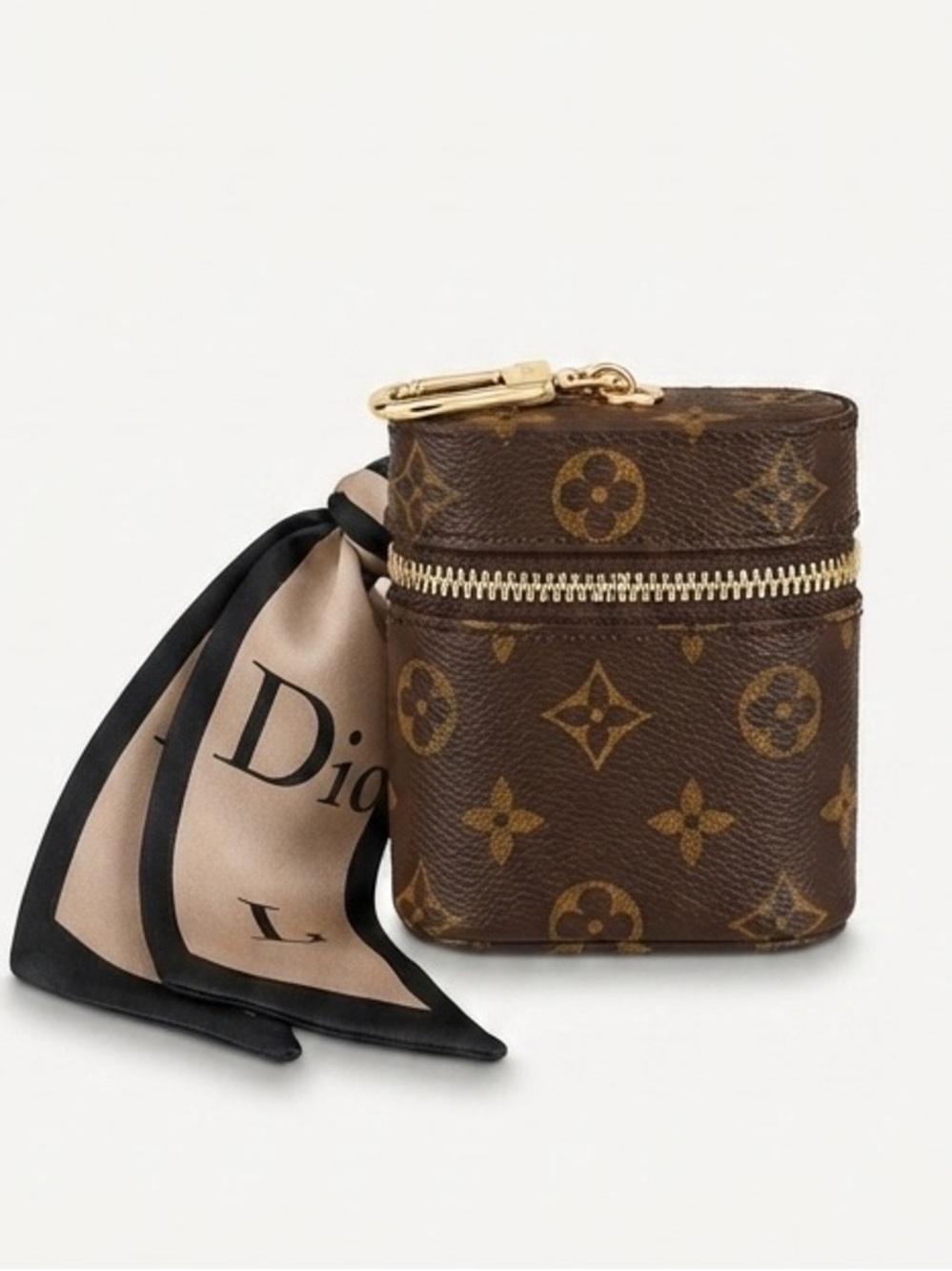Beautiful Luxury Print Brown Leather Mini Case / Key Chain with Silk Scarf